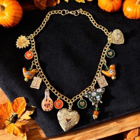 Charming Fall Gold Toned Necklace. Ceramic, Crystals, Enamel, Painted Pendants - Picture 1 of 16